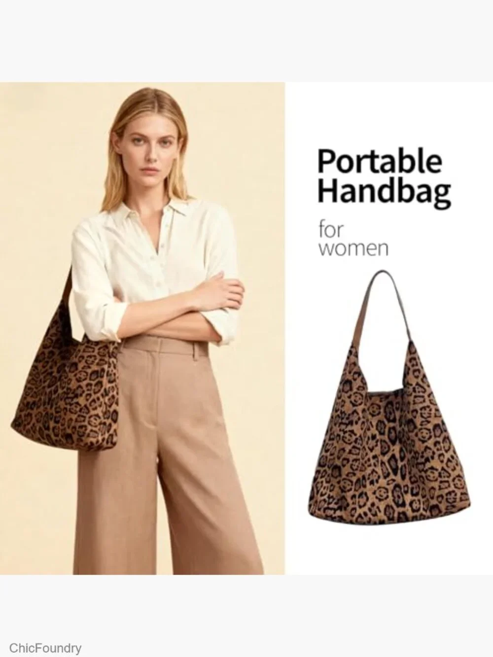 Faux Suede Leopard Hobo Bag - Large Tote with Pouch